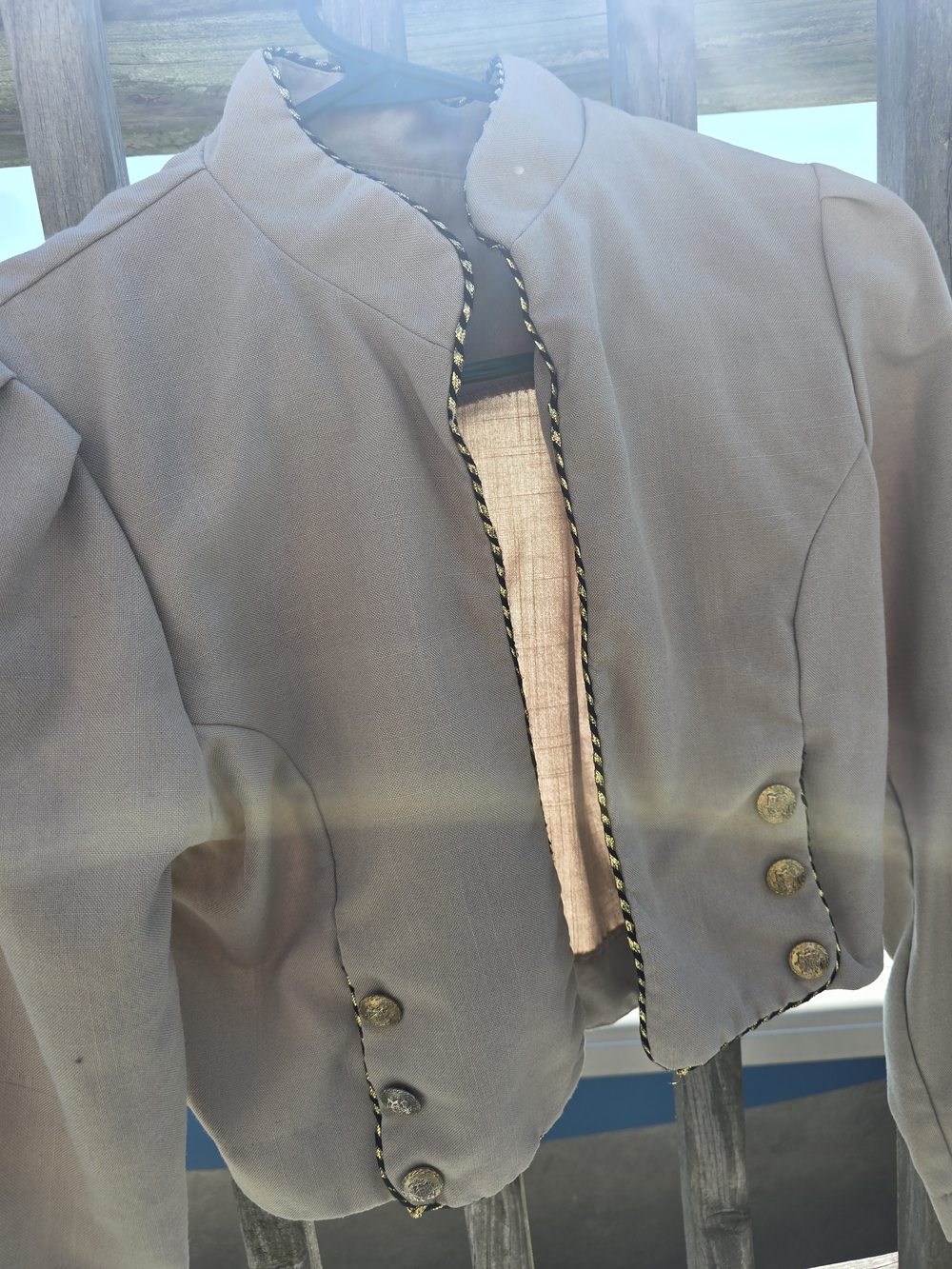 Urban Renewal Taupe Cropped Jacket with Braided Gold-Black Trim
